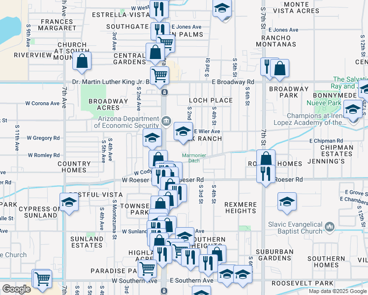 map of restaurants, bars, coffee shops, grocery stores, and more near 4848 South 2nd Street in Phoenix