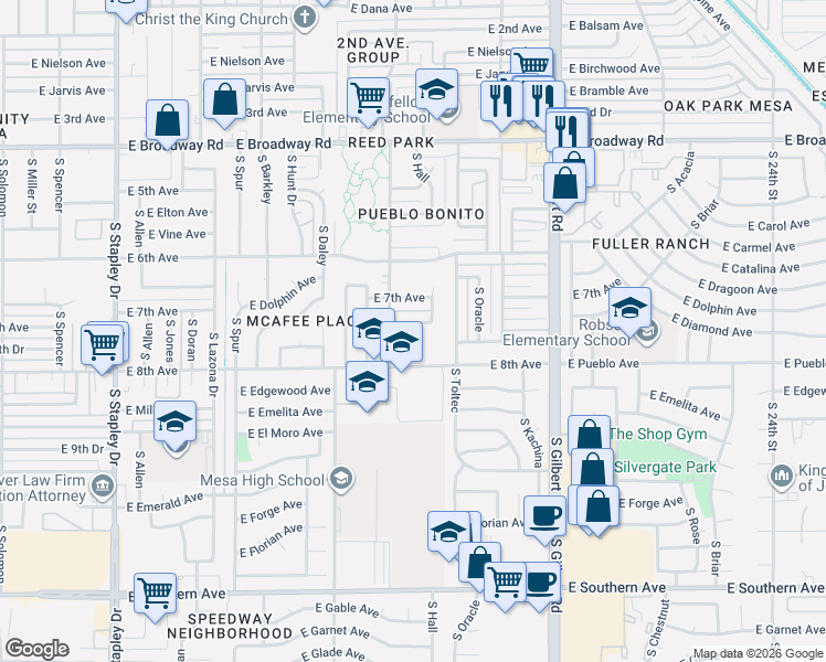 map of restaurants, bars, coffee shops, grocery stores, and more near 1735 East Diamond Avenue in Mesa