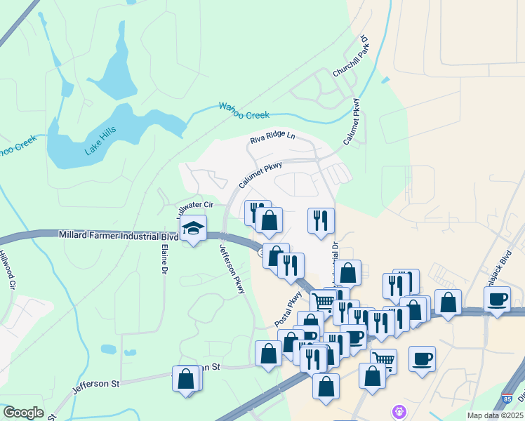 map of restaurants, bars, coffee shops, grocery stores, and more near 200 Calumet Parkway in Newnan