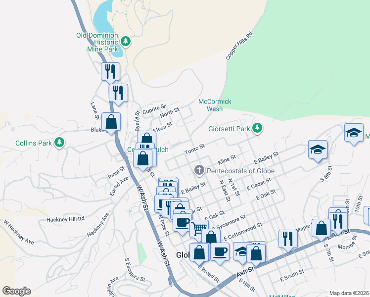 map of restaurants, bars, coffee shops, grocery stores, and more near 711 North Devereaux Street in Globe