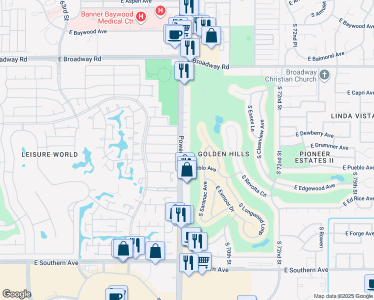 map of restaurants, bars, coffee shops, grocery stores, and more near 709 South Power Road in Mesa