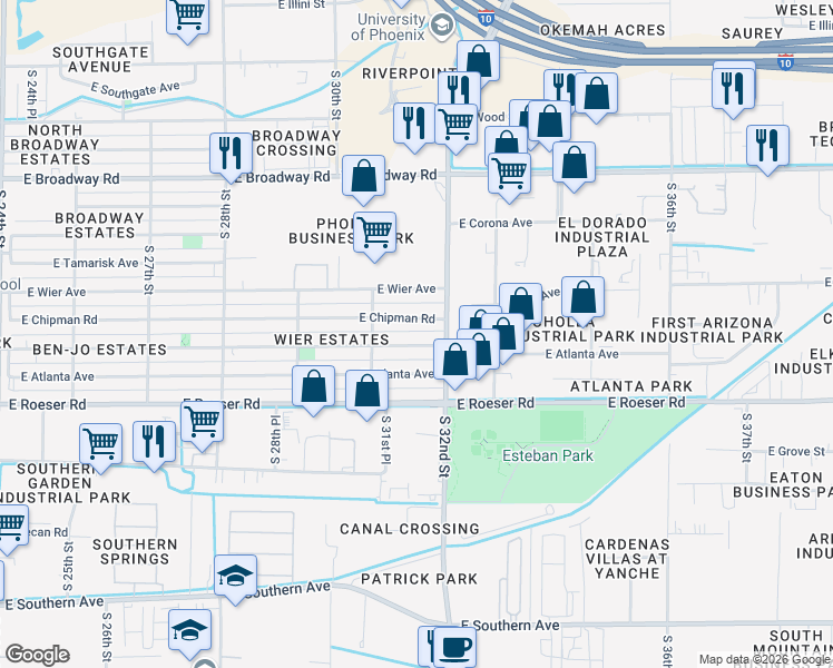 map of restaurants, bars, coffee shops, grocery stores, and more near 3136 East Mobile Lane in Phoenix