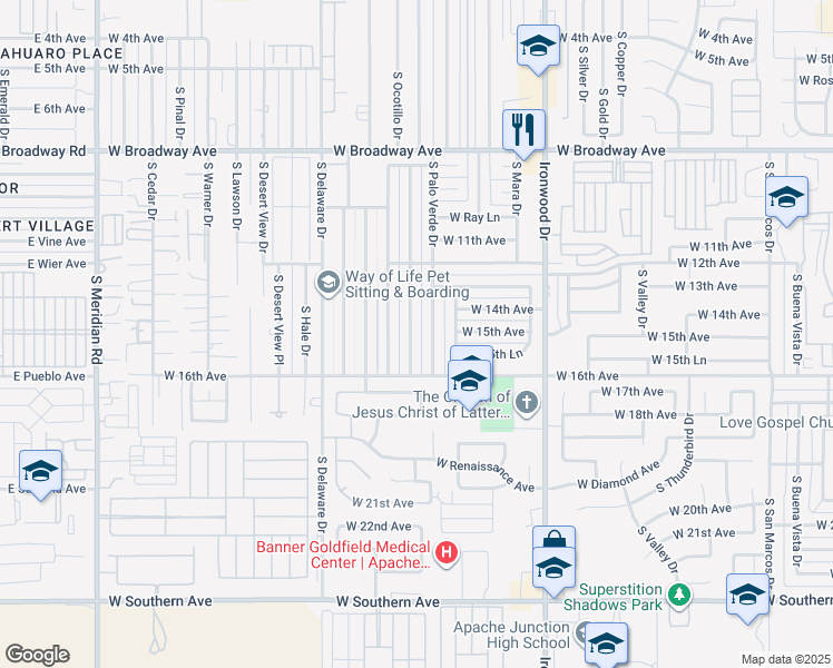 map of restaurants, bars, coffee shops, grocery stores, and more near 1443 South Main Drive in Apache Junction
