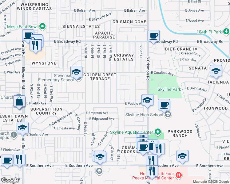 map of restaurants, bars, coffee shops, grocery stores, and more near 720 South 98th Street in Mesa