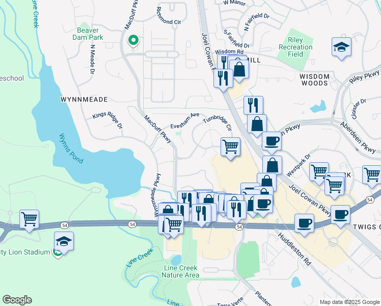map of restaurants, bars, coffee shops, grocery stores, and more near 109 Saint Albans Way in Peachtree City