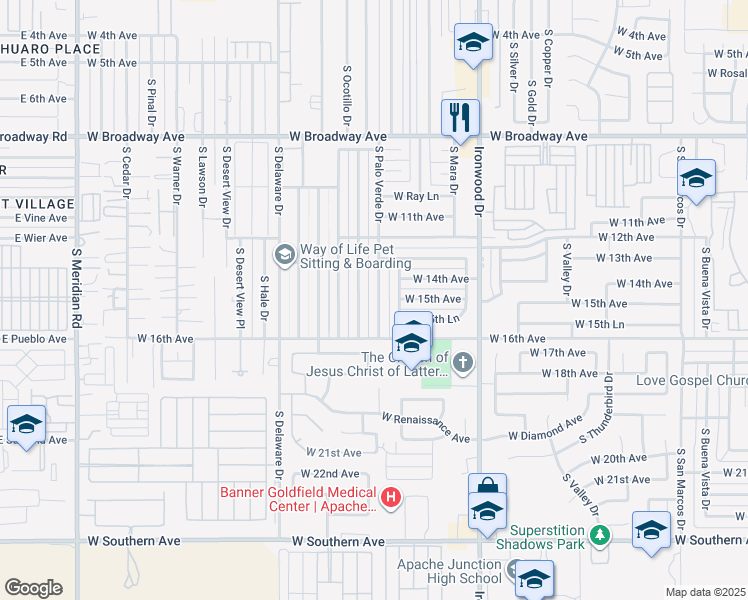 map of restaurants, bars, coffee shops, grocery stores, and more near 1443 South Main Drive in Apache Junction