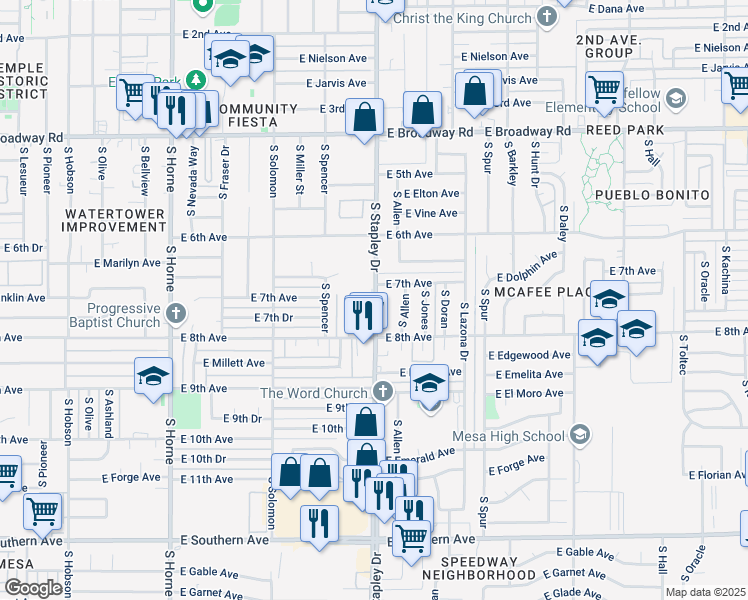 map of restaurants, bars, coffee shops, grocery stores, and more near 718 South Stapley Drive in Mesa
