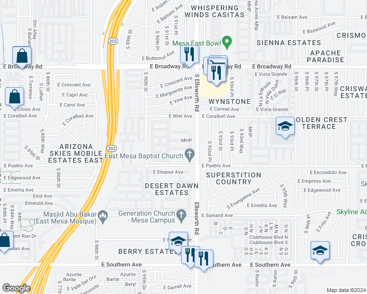 map of restaurants, bars, coffee shops, grocery stores, and more near Mobile Home Park in Mesa