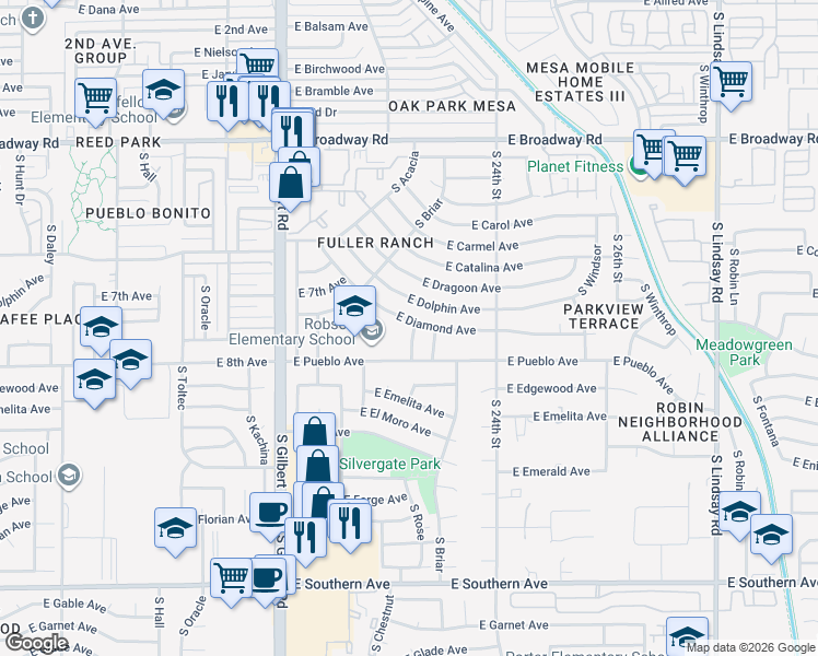 map of restaurants, bars, coffee shops, grocery stores, and more near 738 South Rose in Mesa