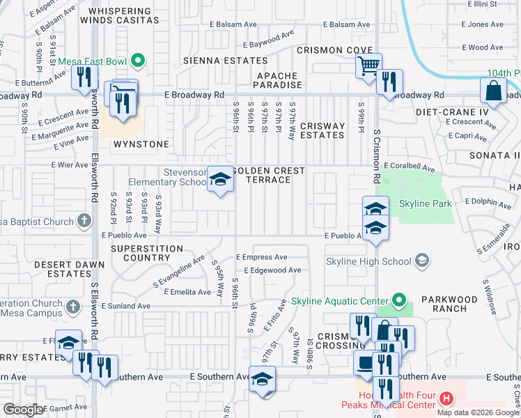 map of restaurants, bars, coffee shops, grocery stores, and more near 720 South 97th Street in Mesa