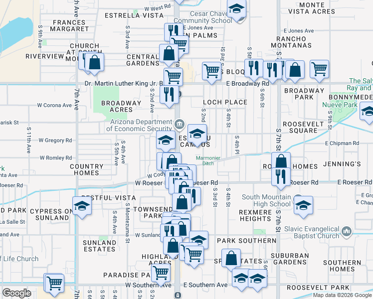 map of restaurants, bars, coffee shops, grocery stores, and more near 4823 South Central Avenue in Phoenix