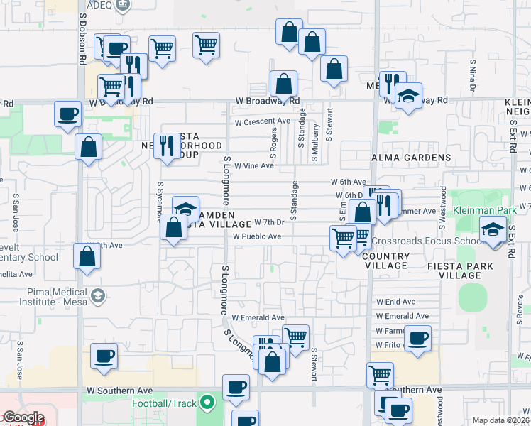 map of restaurants, bars, coffee shops, grocery stores, and more near 1513 West 7th Avenue in Mesa