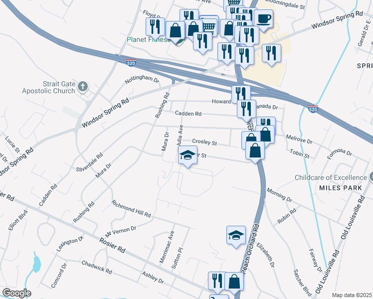map of restaurants, bars, coffee shops, grocery stores, and more near 2145 Balfour Street in Augusta