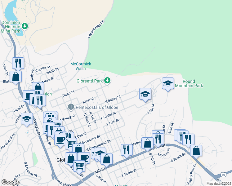 map of restaurants, bars, coffee shops, grocery stores, and more near 450 North 6th Street in Globe