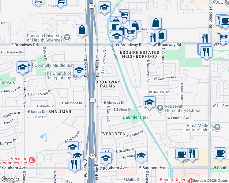 map of restaurants, bars, coffee shops, grocery stores, and more near 2343 East Loma Vista Drive in Tempe