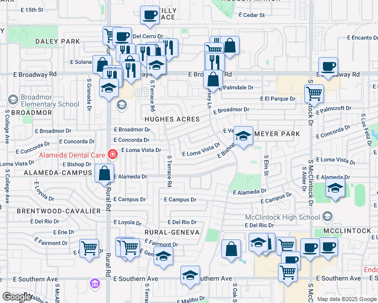 map of restaurants, bars, coffee shops, grocery stores, and more near 1212 East Loma Vista Drive in Tempe