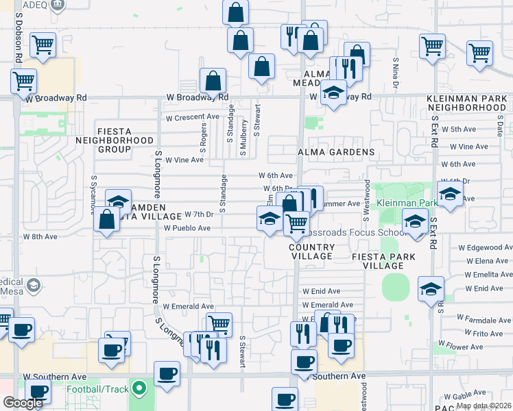 map of restaurants, bars, coffee shops, grocery stores, and more near 1313 W 7th Ave in Mesa