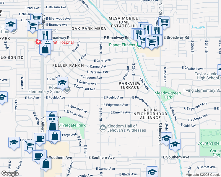 map of restaurants, bars, coffee shops, grocery stores, and more near 2442 East Diamond Avenue in Mesa