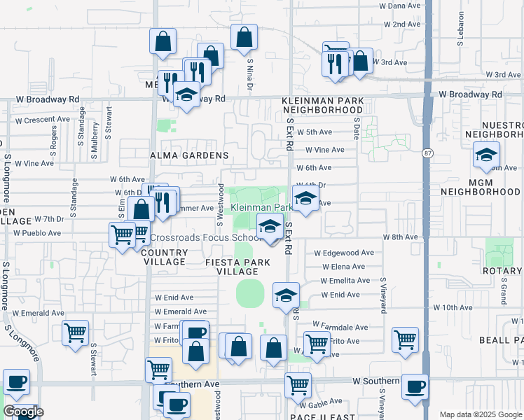 map of restaurants, bars, coffee shops, grocery stores, and more near 710 South Extension Road in Mesa