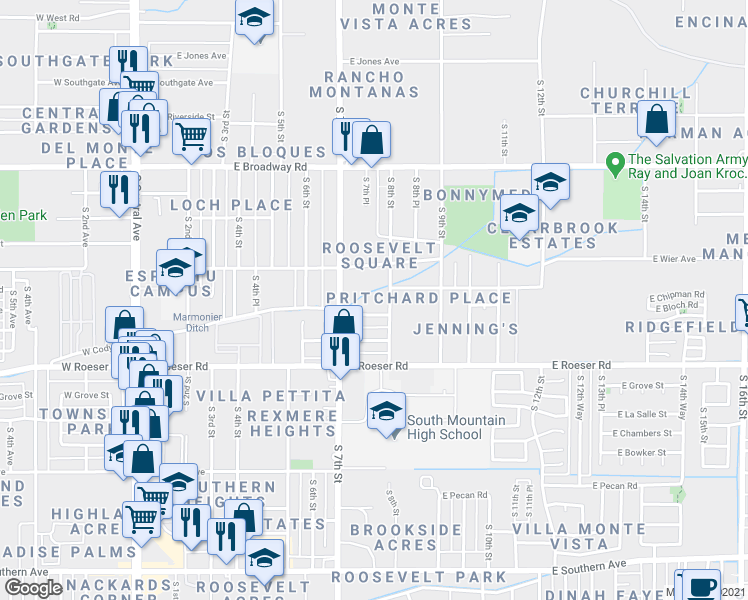 map of restaurants, bars, coffee shops, grocery stores, and more near 734 East Mobile Lane in Phoenix