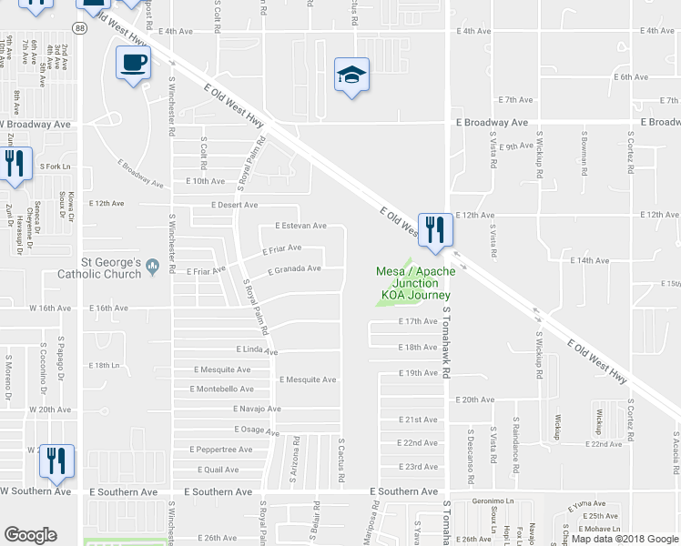 map of restaurants, bars, coffee shops, grocery stores, and more near 1416 South Cactus Road in Apache Junction