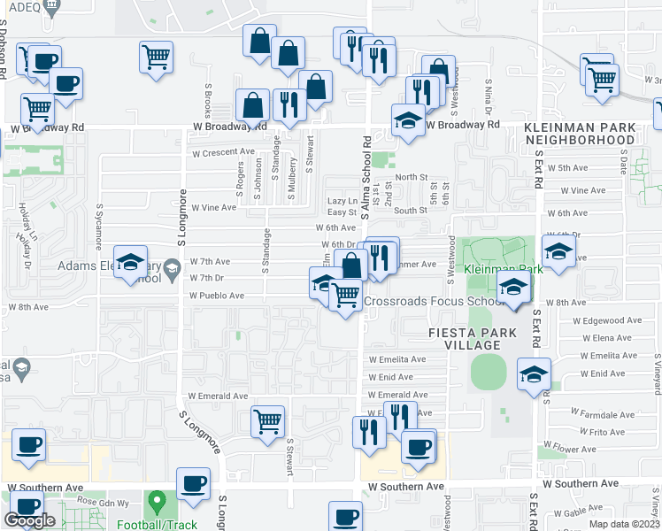 map of restaurants, bars, coffee shops, grocery stores, and more near 657 South Elm in Mesa