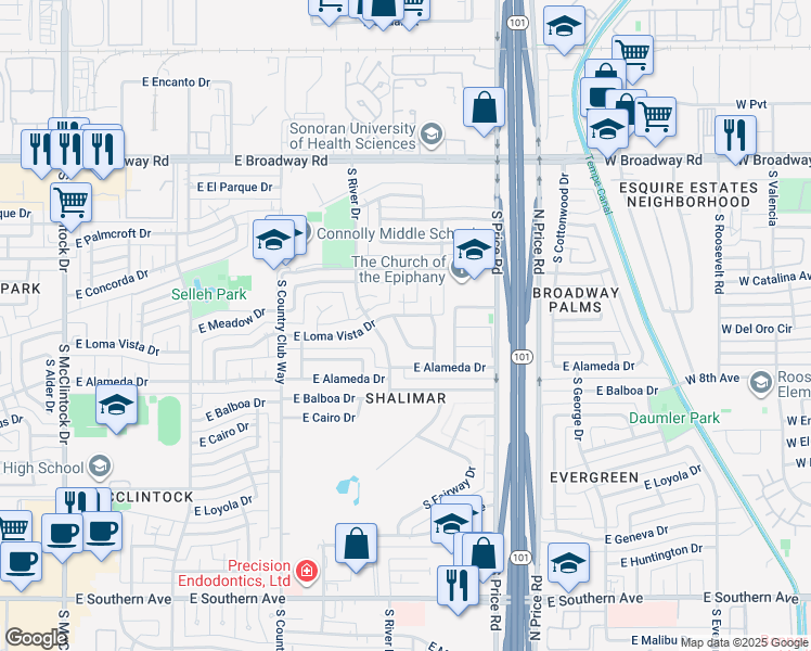 map of restaurants, bars, coffee shops, grocery stores, and more near 2611 South Shannon Drive in Tempe