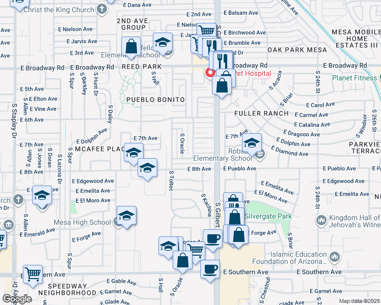 map of restaurants, bars, coffee shops, grocery stores, and more near 724 South Kachina in Mesa