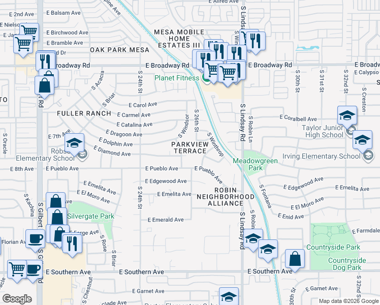 map of restaurants, bars, coffee shops, grocery stores, and more near 2566 East Diamond Circle in Mesa