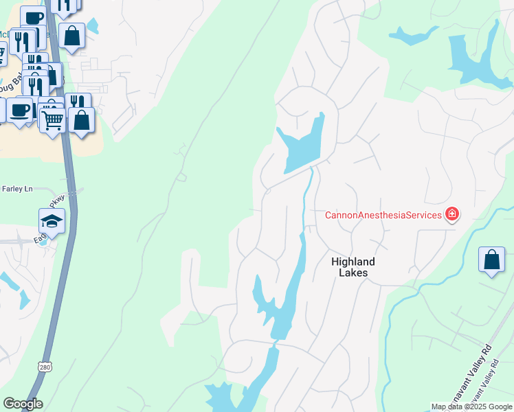 map of restaurants, bars, coffee shops, grocery stores, and more near 1319 Highland Lakes Trail in Birmingham