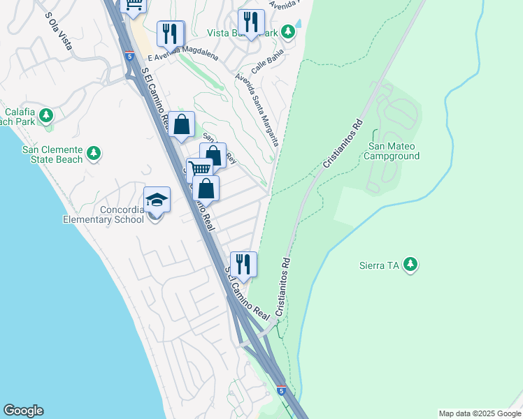 map of restaurants, bars, coffee shops, grocery stores, and more near 164 Avenida Santa Margarita in San Clemente