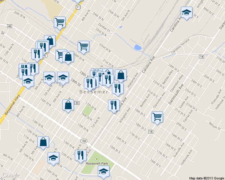 map of restaurants, bars, coffee shops, grocery stores, and more near 109 19th Street North in Bessemer