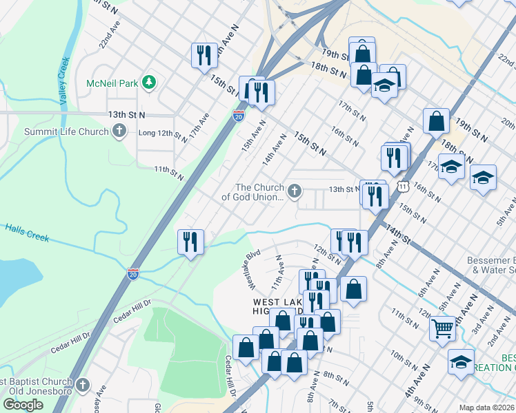 map of restaurants, bars, coffee shops, grocery stores, and more near 1124 13th Avenue North in Bessemer