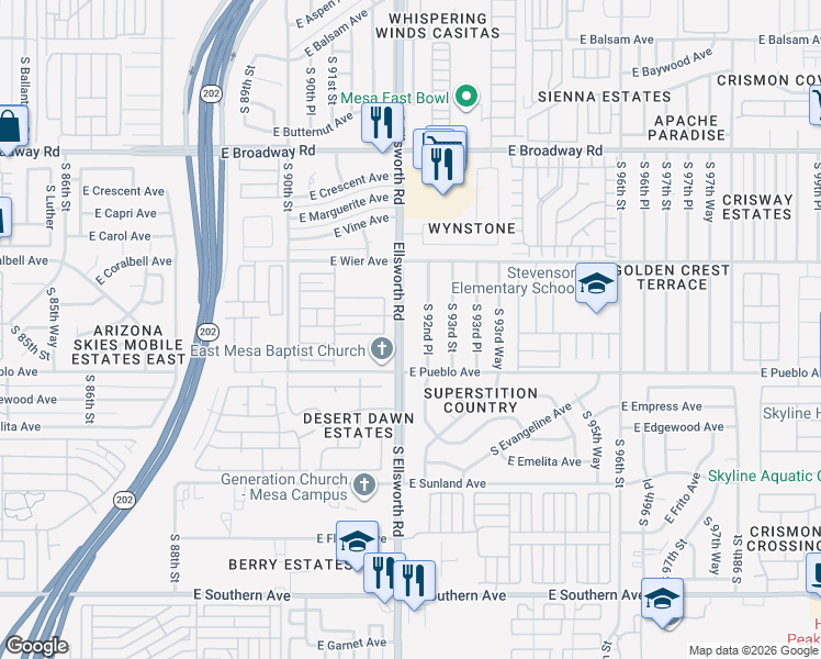 map of restaurants, bars, coffee shops, grocery stores, and more near 665 South 92nd Street in Mesa