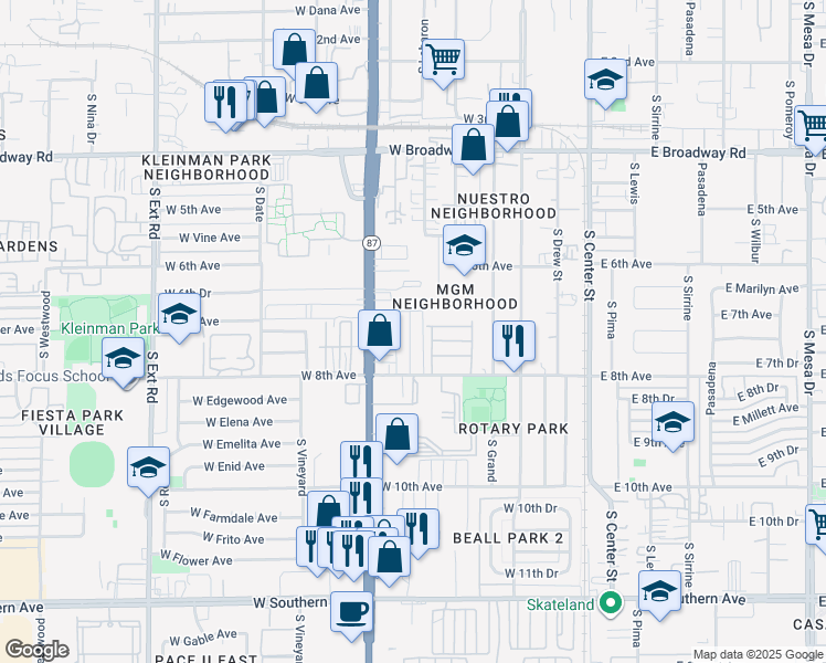map of restaurants, bars, coffee shops, grocery stores, and more near 721 South Morris in Mesa