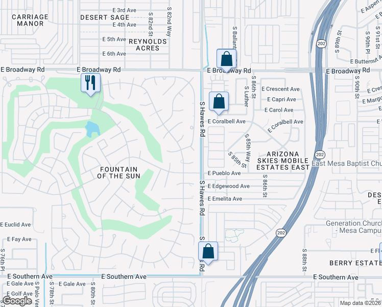 map of restaurants, bars, coffee shops, grocery stores, and more near 712 South 83rd Way in Mesa