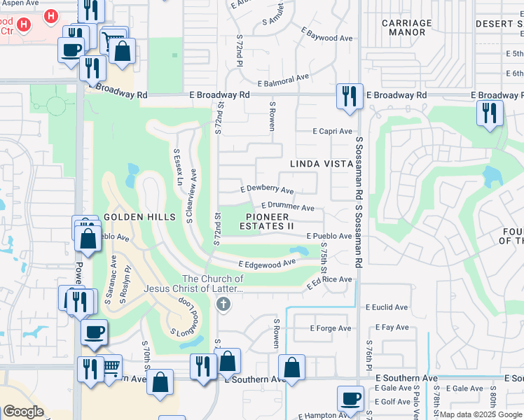 map of restaurants, bars, coffee shops, grocery stores, and more near 7311 East Drummer Avenue in Mesa