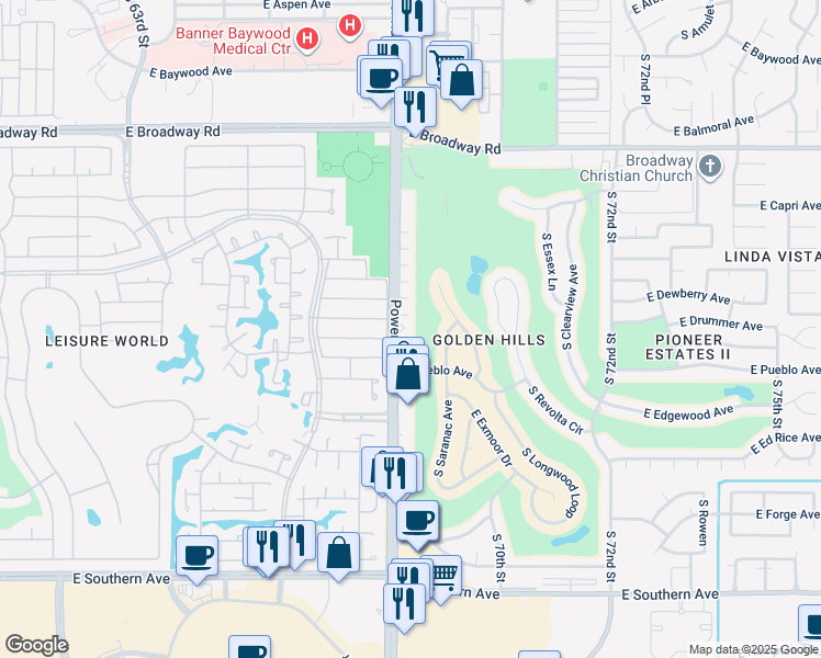 map of restaurants, bars, coffee shops, grocery stores, and more near 709 South Power Road in Mesa