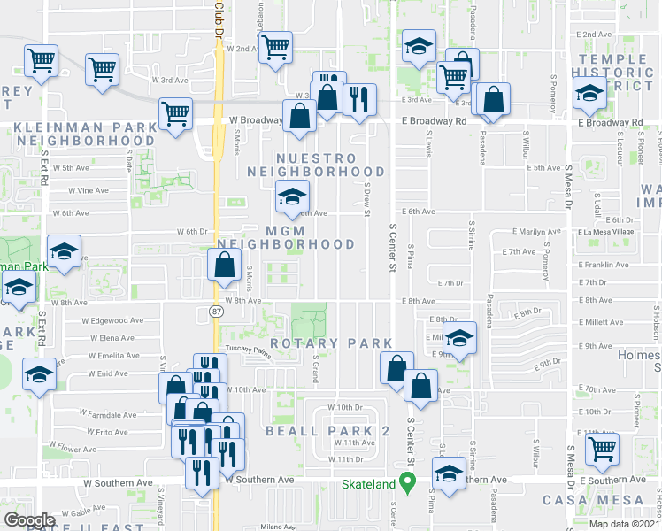 map of restaurants, bars, coffee shops, grocery stores, and more near 707 South Macdonald in Mesa