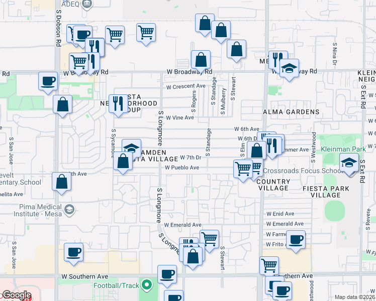 map of restaurants, bars, coffee shops, grocery stores, and more near 1513 West 7th Avenue in Mesa