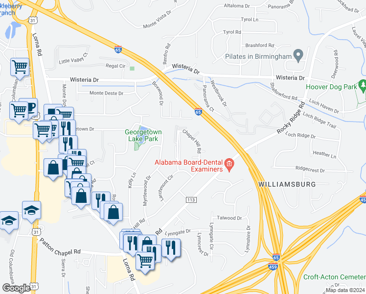 map of restaurants, bars, coffee shops, grocery stores, and more near 3241 Warringwood Drive in Birmingham