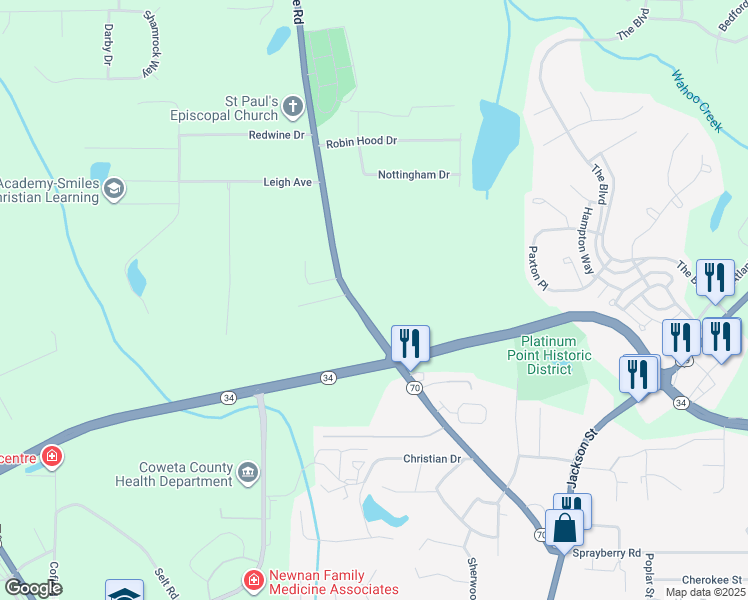 map of restaurants, bars, coffee shops, grocery stores, and more near 317 Roscoe Road in Newnan