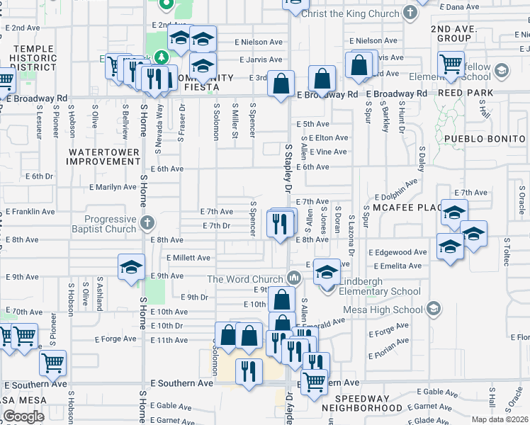 map of restaurants, bars, coffee shops, grocery stores, and more near 716 South Parsell Circle in Mesa
