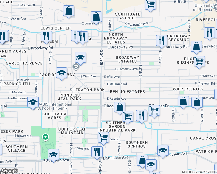 map of restaurants, bars, coffee shops, grocery stores, and more near 2423 East Chipman Road in Phoenix