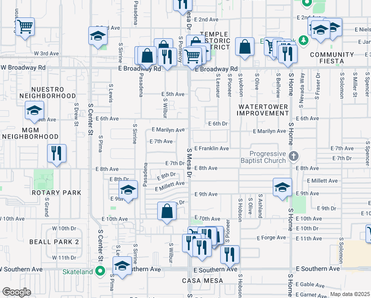 map of restaurants, bars, coffee shops, grocery stores, and more near 714 South Mesa Drive in Mesa