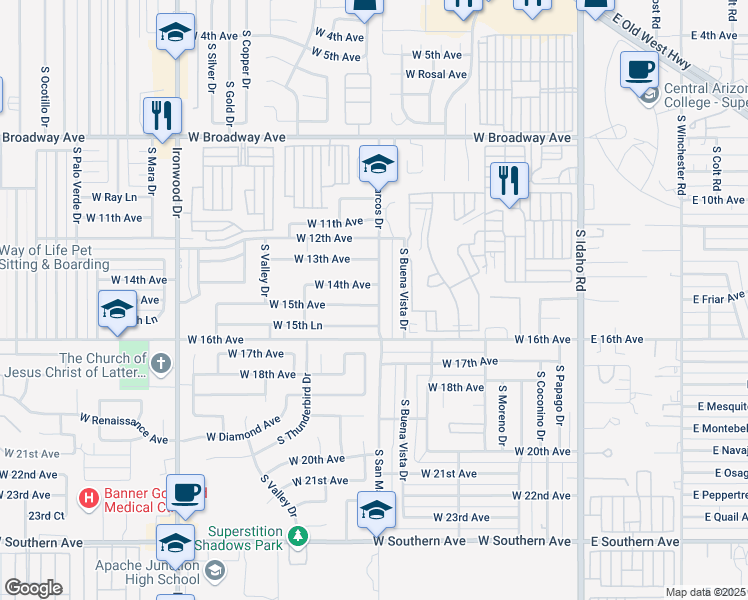 map of restaurants, bars, coffee shops, grocery stores, and more near 824 West 15th Avenue in Apache Junction