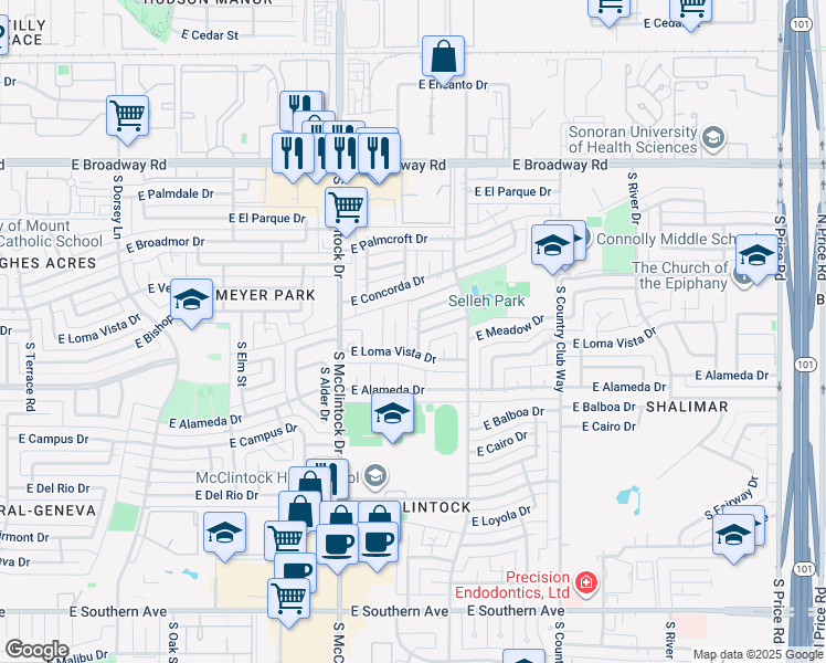 map of restaurants, bars, coffee shops, grocery stores, and more near 2442 South Taylor Drive in Tempe