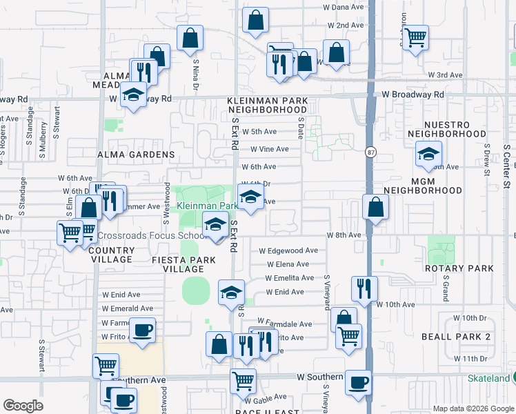 map of restaurants, bars, coffee shops, grocery stores, and more near 715 South Extension Road in Mesa