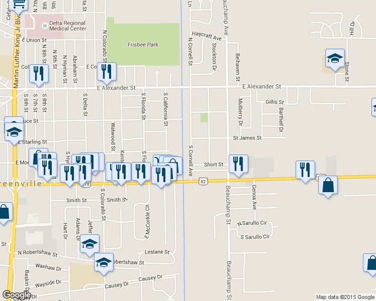 map of restaurants, bars, coffee shops, grocery stores, and more near 433 South Cornell Avenue in Greenville