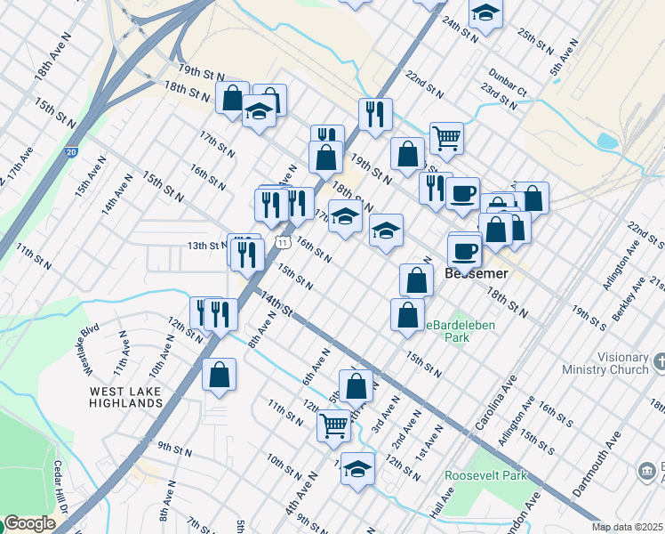 map of restaurants, bars, coffee shops, grocery stores, and more near 700 16th St N in Bessemer